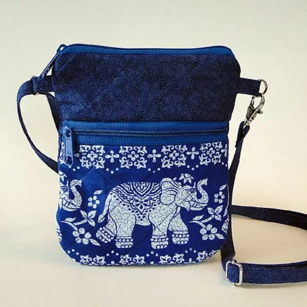 Crossbody Cell Phone Bag Handmade Asian Elephant Quilted Fabric Adjustable Strap